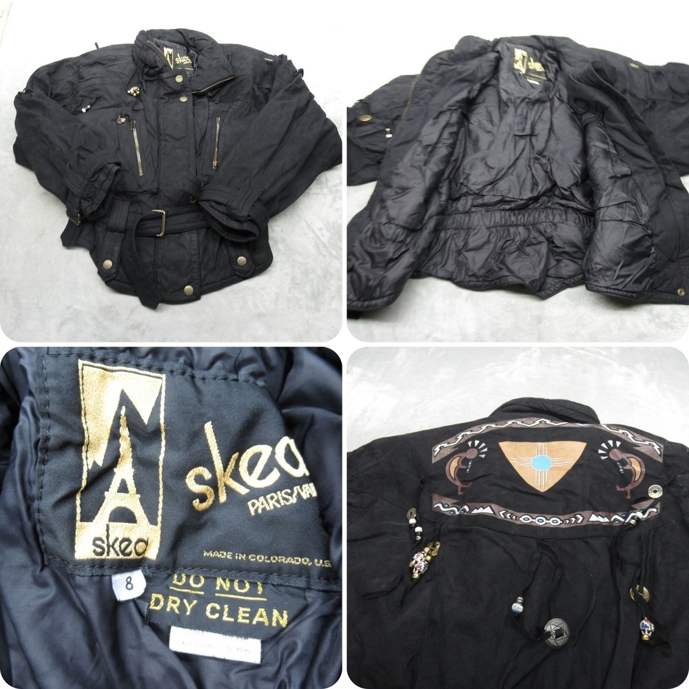 Skea Paris Suede Jacket Women 8 Black Insulated Southwestern Embellish VTG 80s